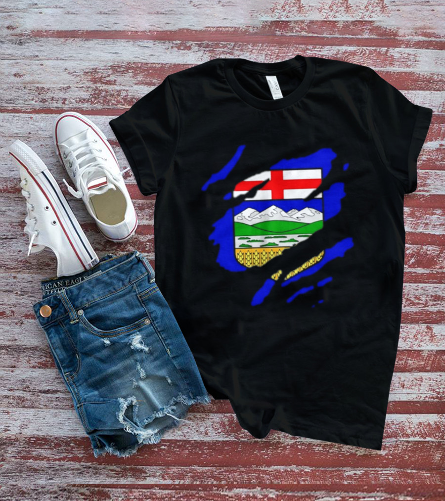 Alberta Coat Of Arms Ripped Effect Canada Flag Emblem Heritage Display T-Shirt