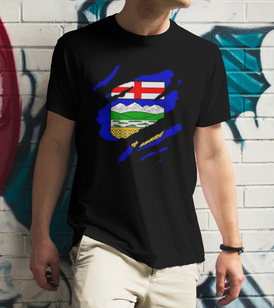 Alberta Coat Of Arms Ripped Effect Canada Flag Emblem Heritage Display T-Shirt