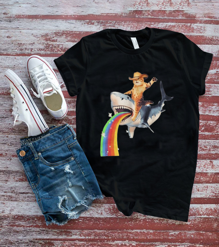Cowboy Cat Riding Shark With Rainbow T-Shirt