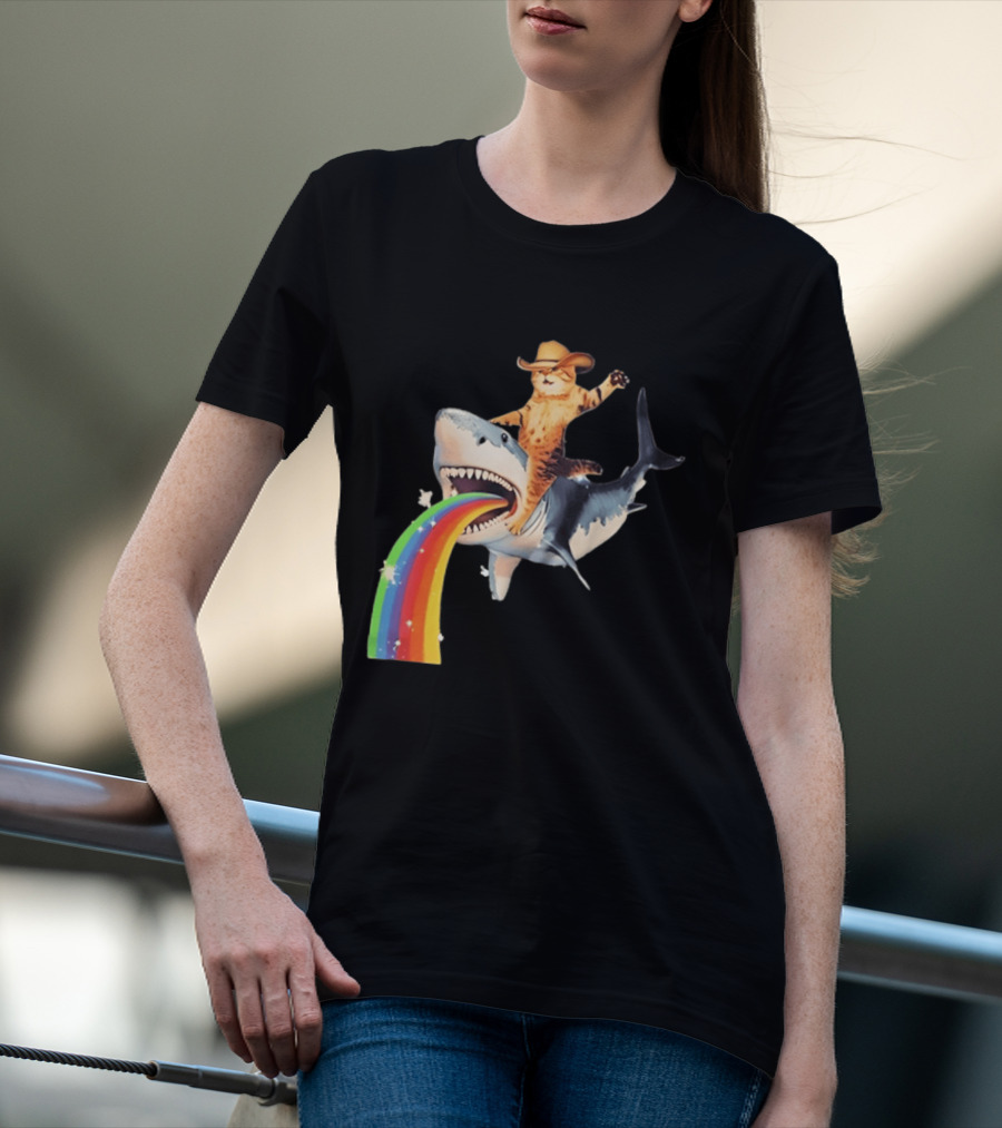 Cowboy Cat Riding Shark With Rainbow T-Shirt