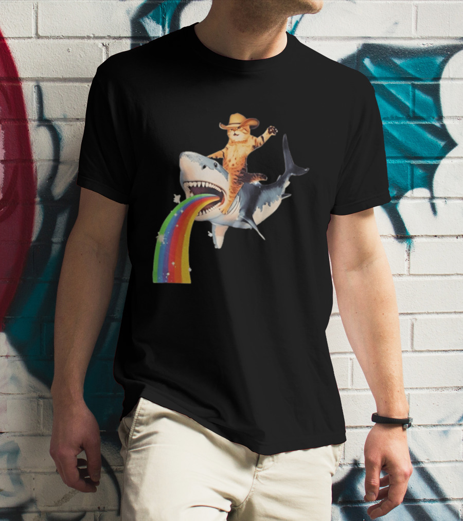 Cowboy Cat Riding Shark With Rainbow T-Shirt