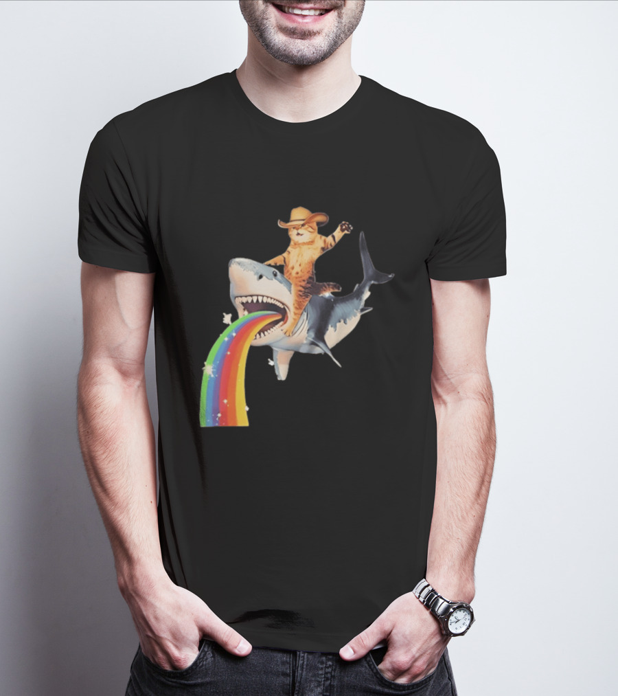 Cowboy Cat Riding Shark With Rainbow T-Shirt