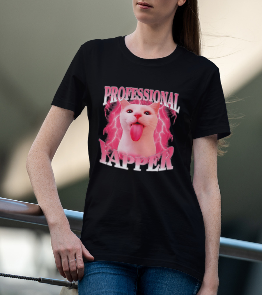 Professional Yapper Cat Pink Lightning Tongue Out T-Shirt