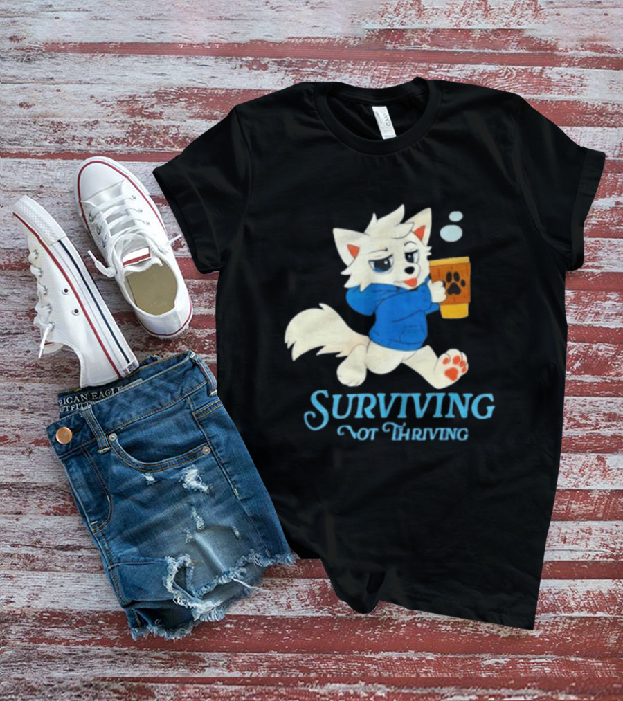 Surviving Not Thriving Cute Fox Coffee Paw Print T-Shirt