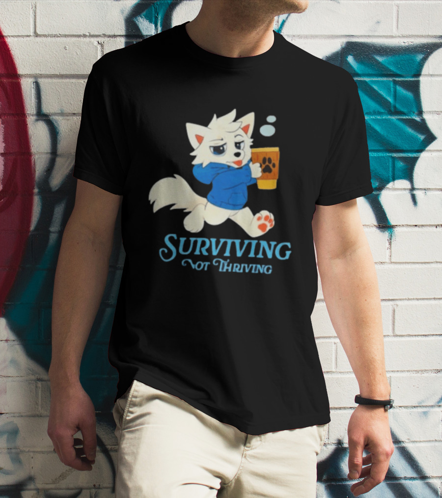 Surviving Not Thriving Cute Fox Coffee Paw Print T-Shirt
