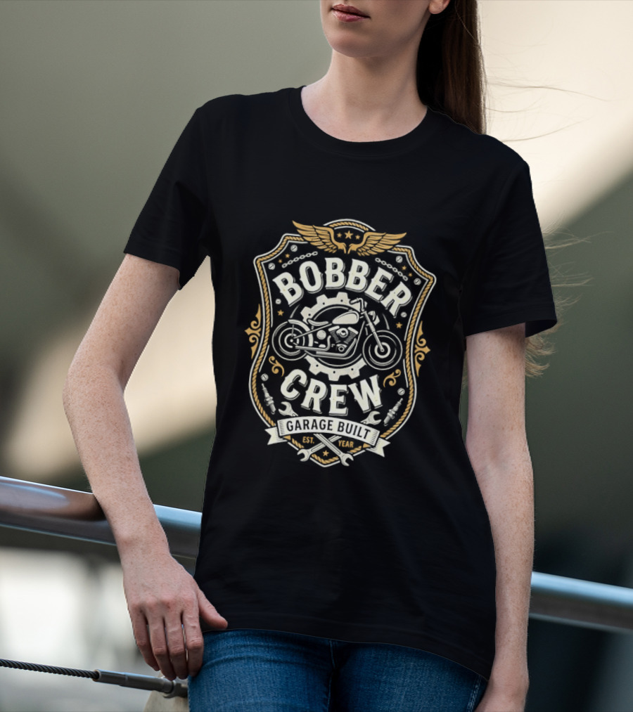 Bobber Crew Garage Built Motorcycle Biker Shield T-Shirt