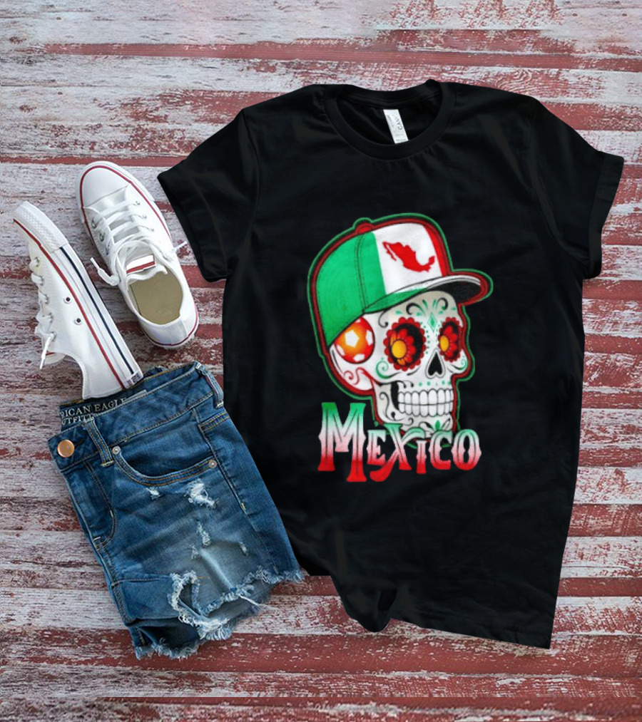 Mexico Sugar Skull Hat Map T-Shirt