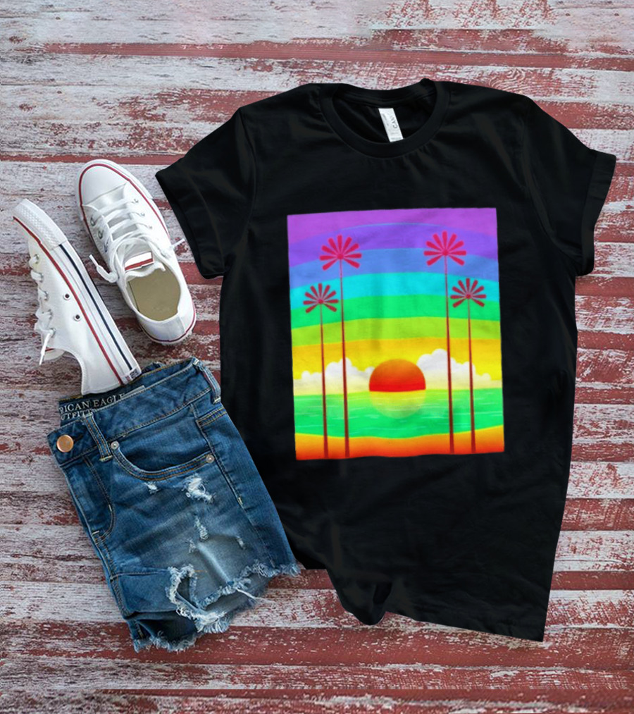 Sunset With Palm Trees And Rainbow Summer Scene T-Shirt