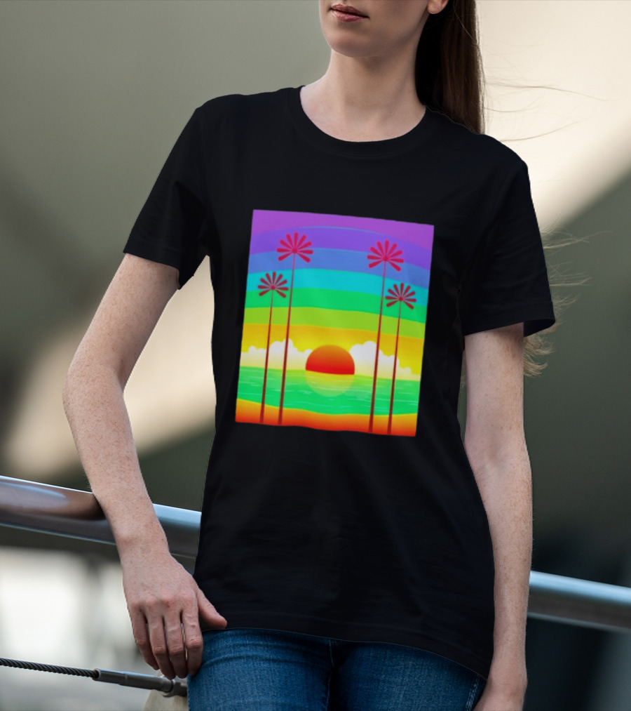 Sunset With Palm Trees And Rainbow Summer Scene T-Shirt