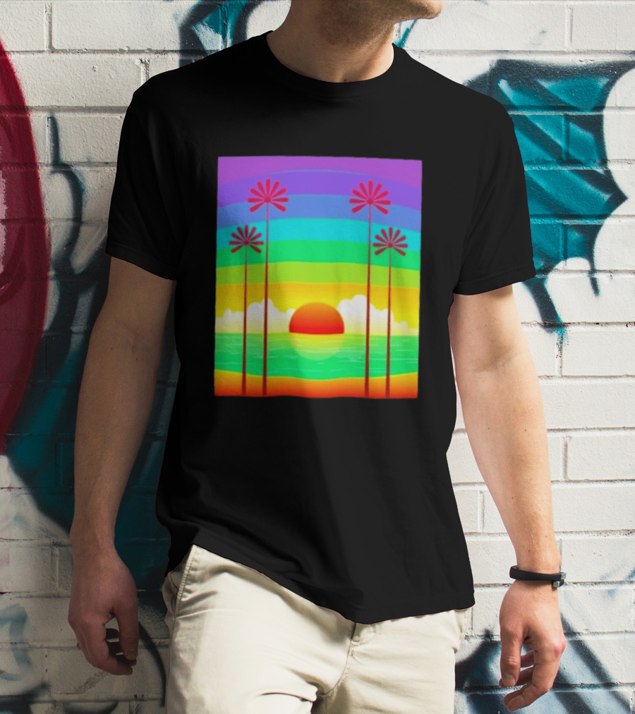 Sunset With Palm Trees And Rainbow Summer Scene T-Shirt