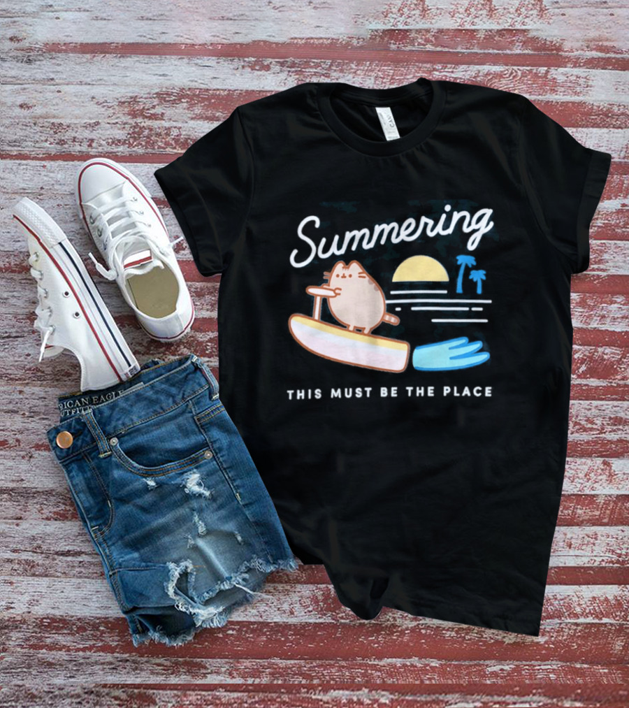 Summering This Must Be The Place Pusheen Surfing Cat Scene T-Shirt