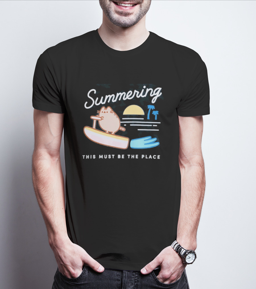 Summering This Must Be The Place Pusheen Surfing Cat Scene T-Shirt