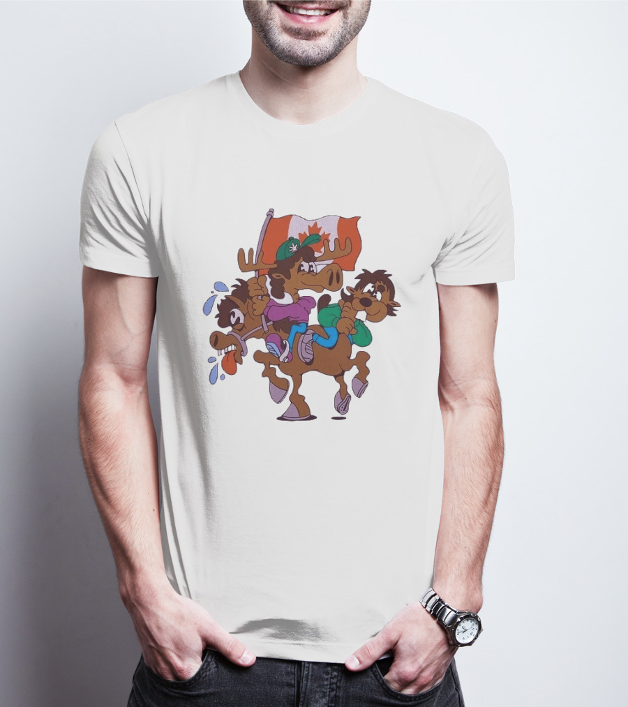 Slushy Noobz Horse Riders Cartoon Moose With Canada Flag T-Shirt