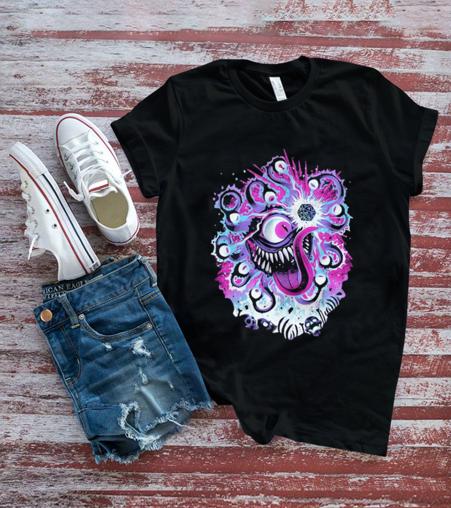 Beholder Dungeons And Dragons Eye Tyrant Illustration With D20 Dice And Psychedelic T-Shirt