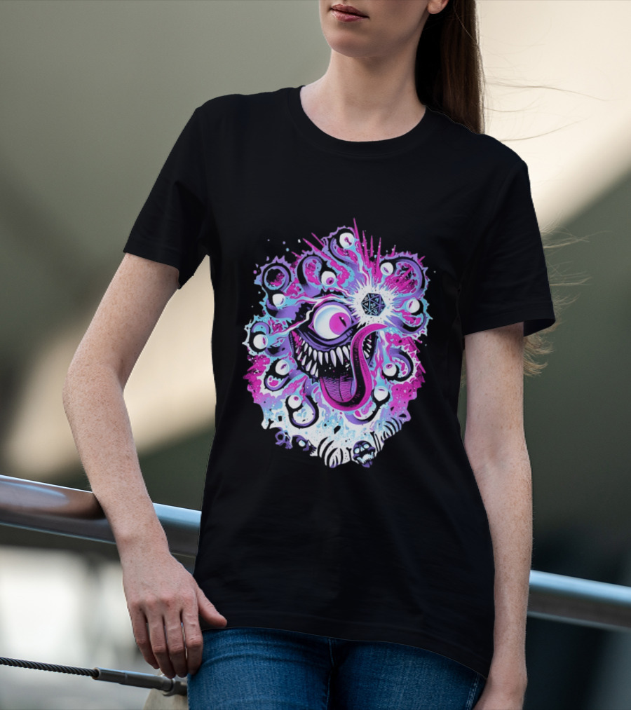 Beholder Dungeons And Dragons Eye Tyrant Illustration With D20 Dice And Psychedelic T-Shirt