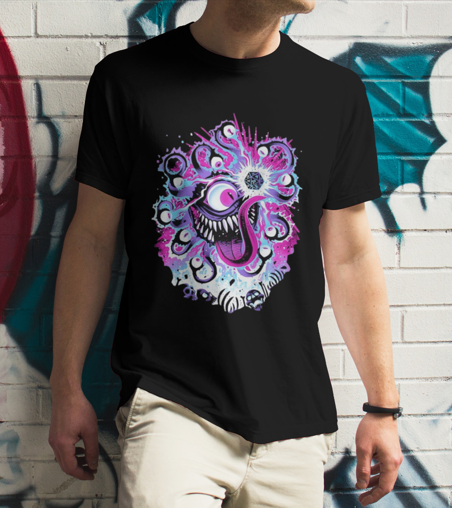 Beholder Dungeons And Dragons Eye Tyrant Illustration With D20 Dice And Psychedelic T-Shirt