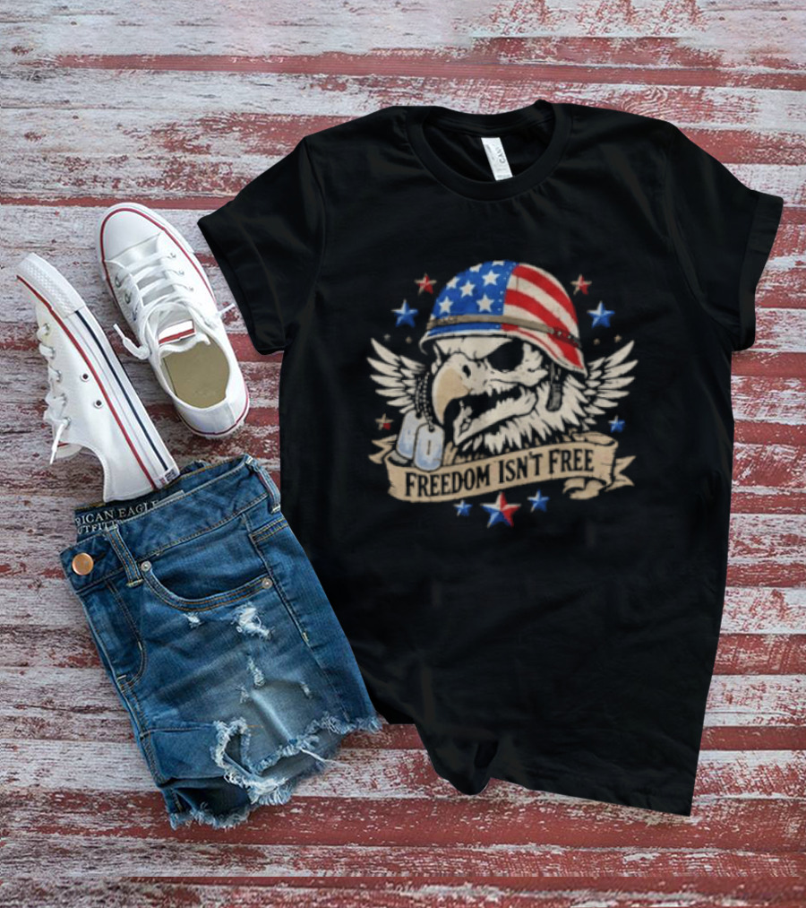 Distressed Eagle Skull Freedom Isn't Free Patriotic American Flag Helmet Stars T-Shirt