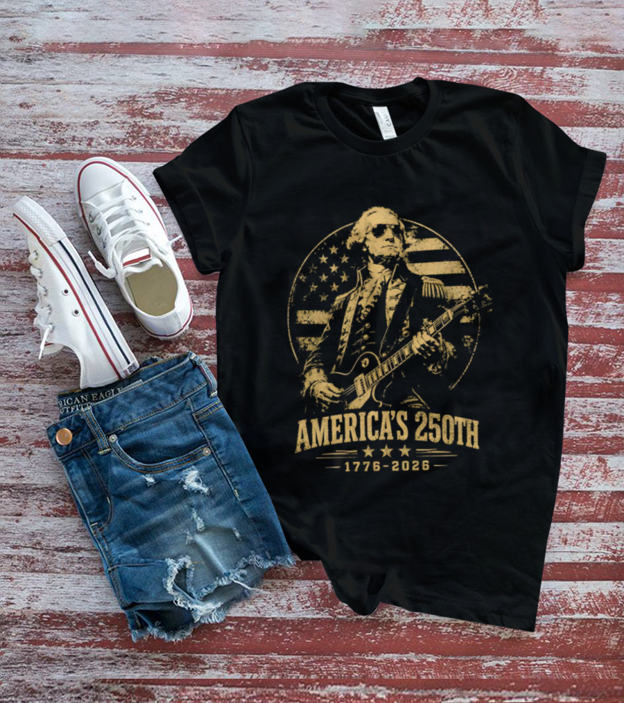 George Washington America's 250th 1776 2026 Rock And Roll Guitar USA Flag T-Shirt