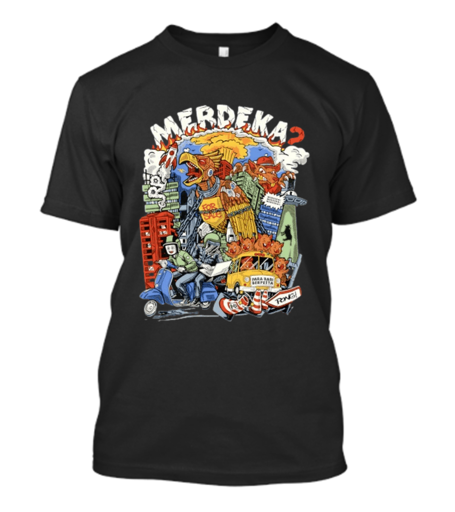 Merdeka Para Babi Berpesta Satire Indonesian Illustration With Cityscape And Mythical Creatures T-Shirt