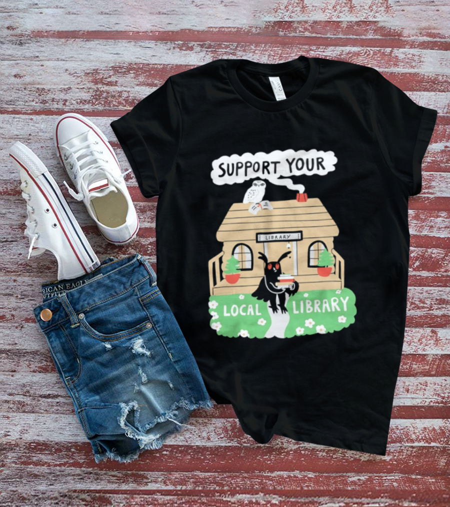 Support Your Local Library Mothman With Books And Cozy Cabin Reading T-Shirt