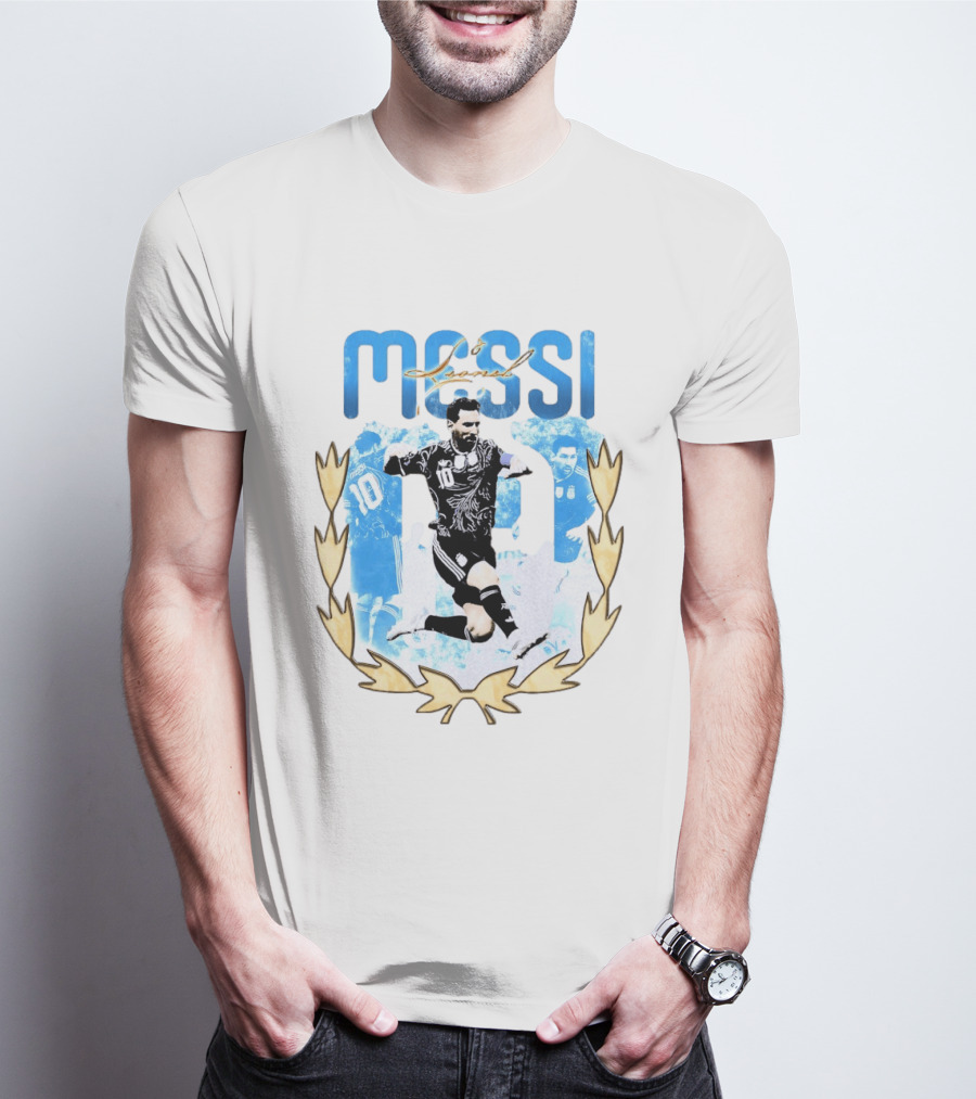 Messi 10 Sliding Celebration With Gold Laurel Wreath T-Shirt