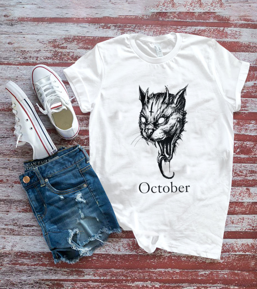October Demon Cat Gothic Occult Halloween Cat T-Shirt