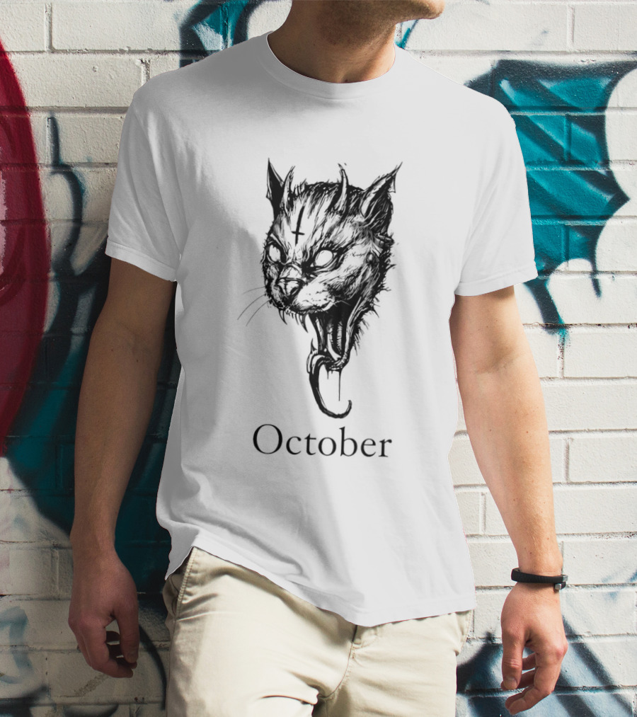 October Demon Cat Gothic Occult Halloween Cat T-Shirt