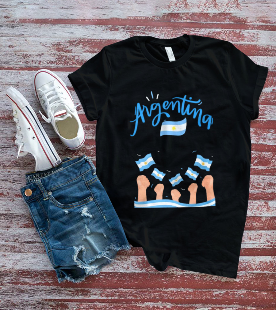 Argentina Celebration Raised Fists Waving Flags Enthusiastic Spirit T-Shirt