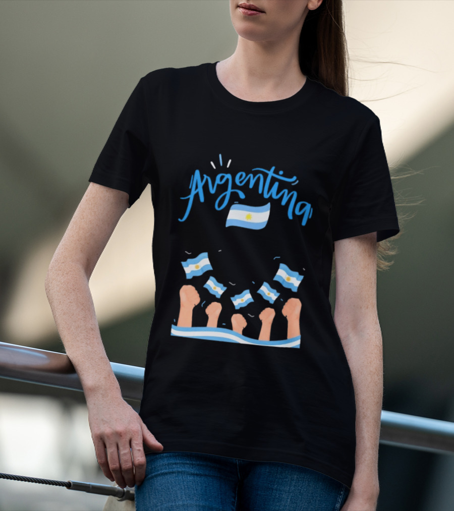 Argentina Celebration Raised Fists Waving Flags Enthusiastic Spirit T-Shirt