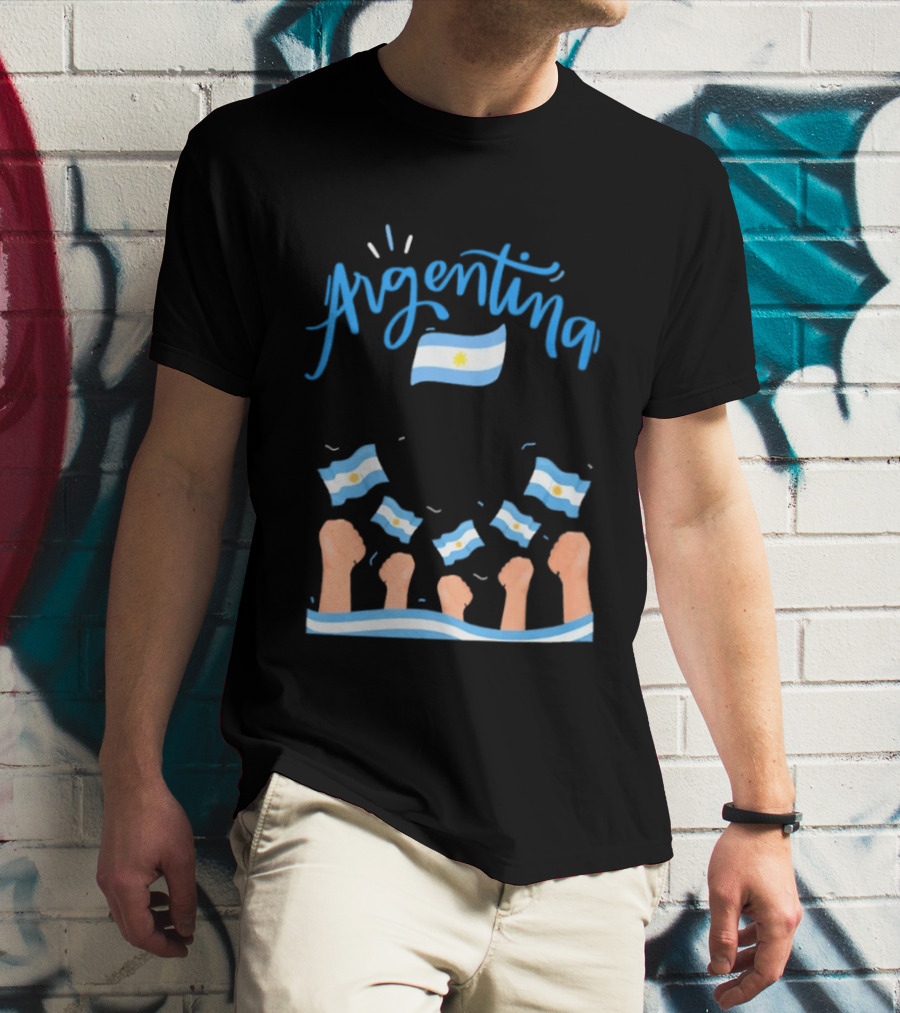 Argentina Celebration Raised Fists Waving Flags Enthusiastic Spirit T-Shirt
