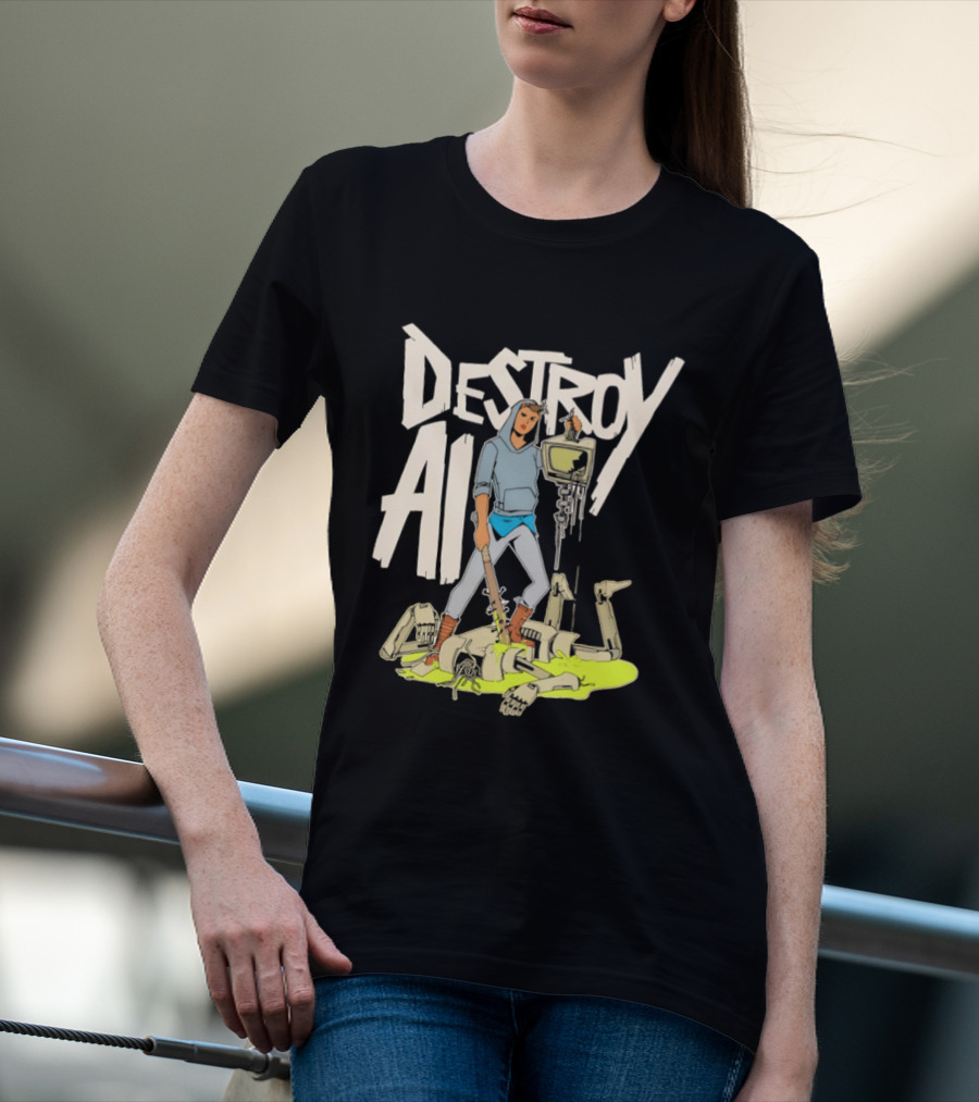 Destroy AI Sci Fi Cyberpunk Robot Resistance Heroic Battle Scene T-Shirt