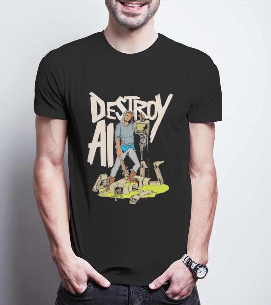 Destroy AI Sci Fi Cyberpunk Robot Resistance Heroic Battle Scene T-Shirt