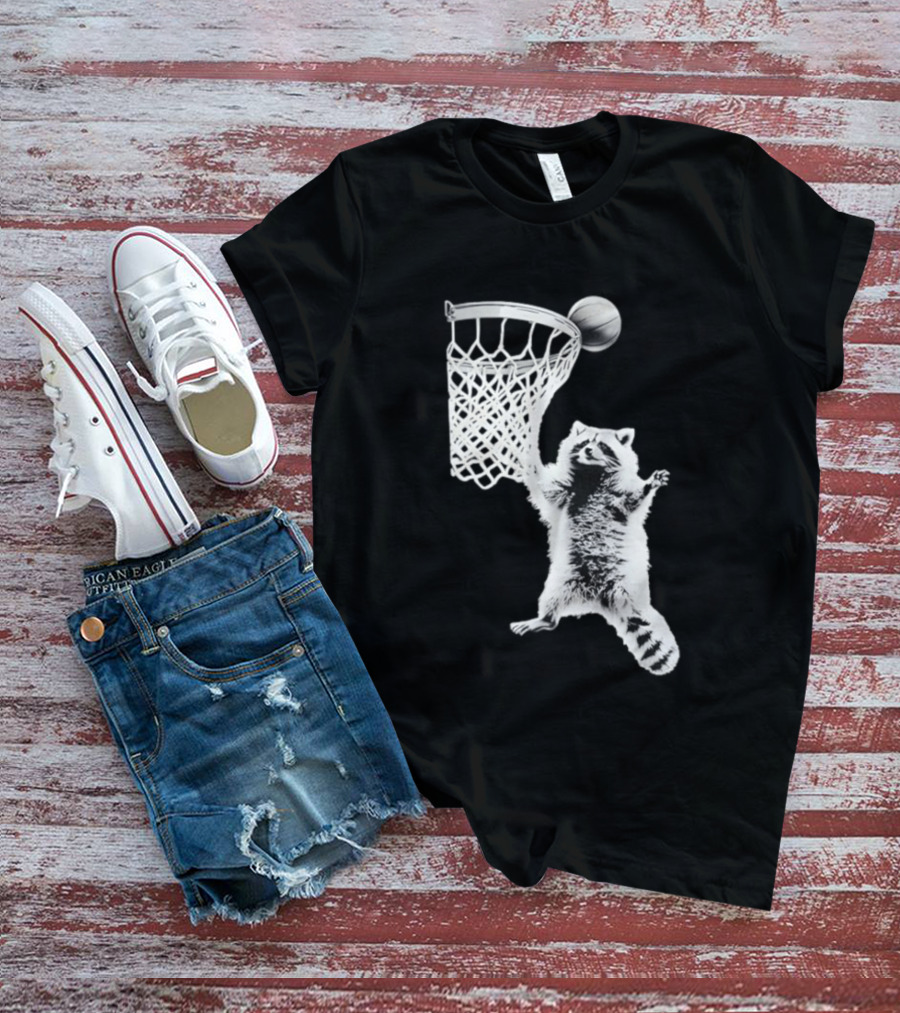 Raccoon Dunking Basketball Fun Animal Sports Play T-Shirt