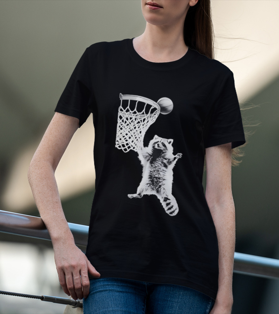 Raccoon Dunking Basketball Fun Animal Sports Play T-Shirt