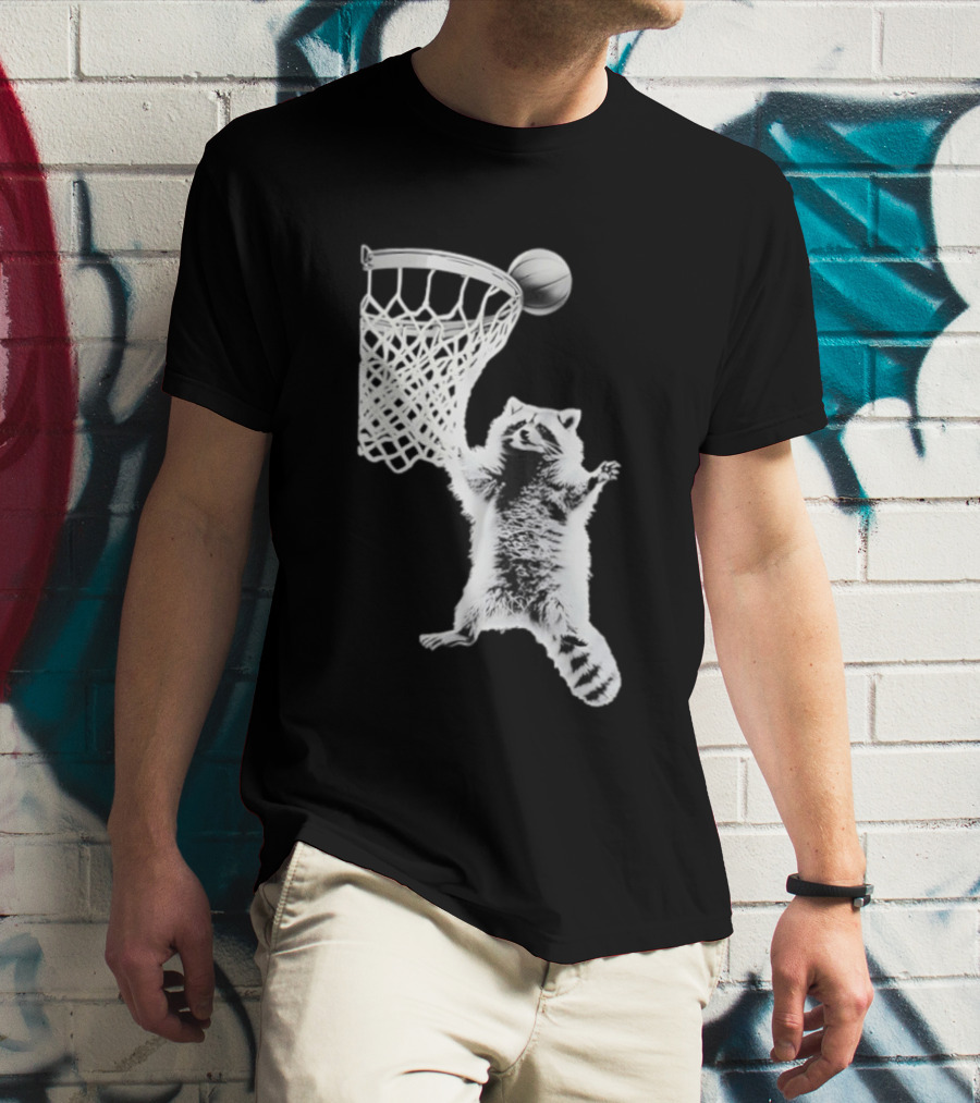 Raccoon Dunking Basketball Fun Animal Sports Play T-Shirt