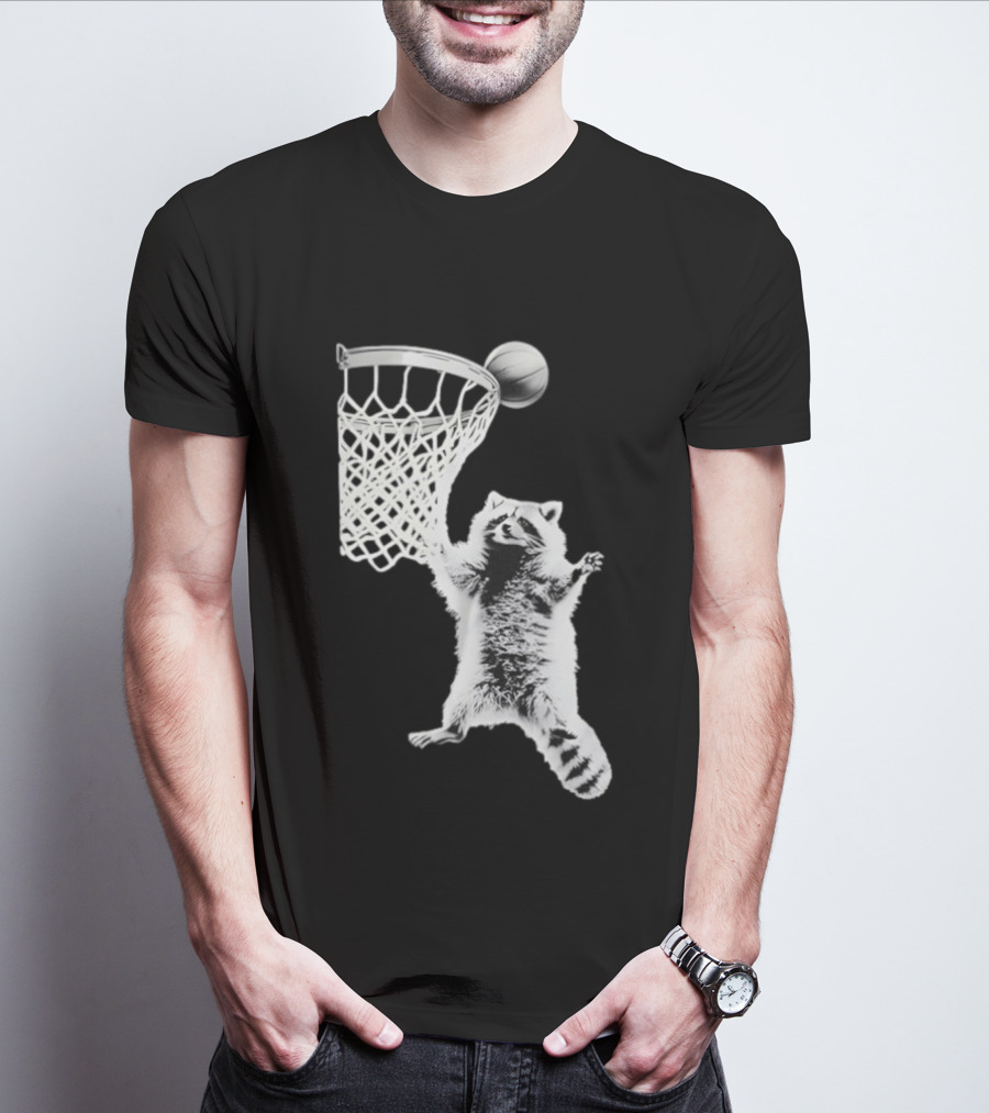 Raccoon Dunking Basketball Fun Animal Sports Play T-Shirt