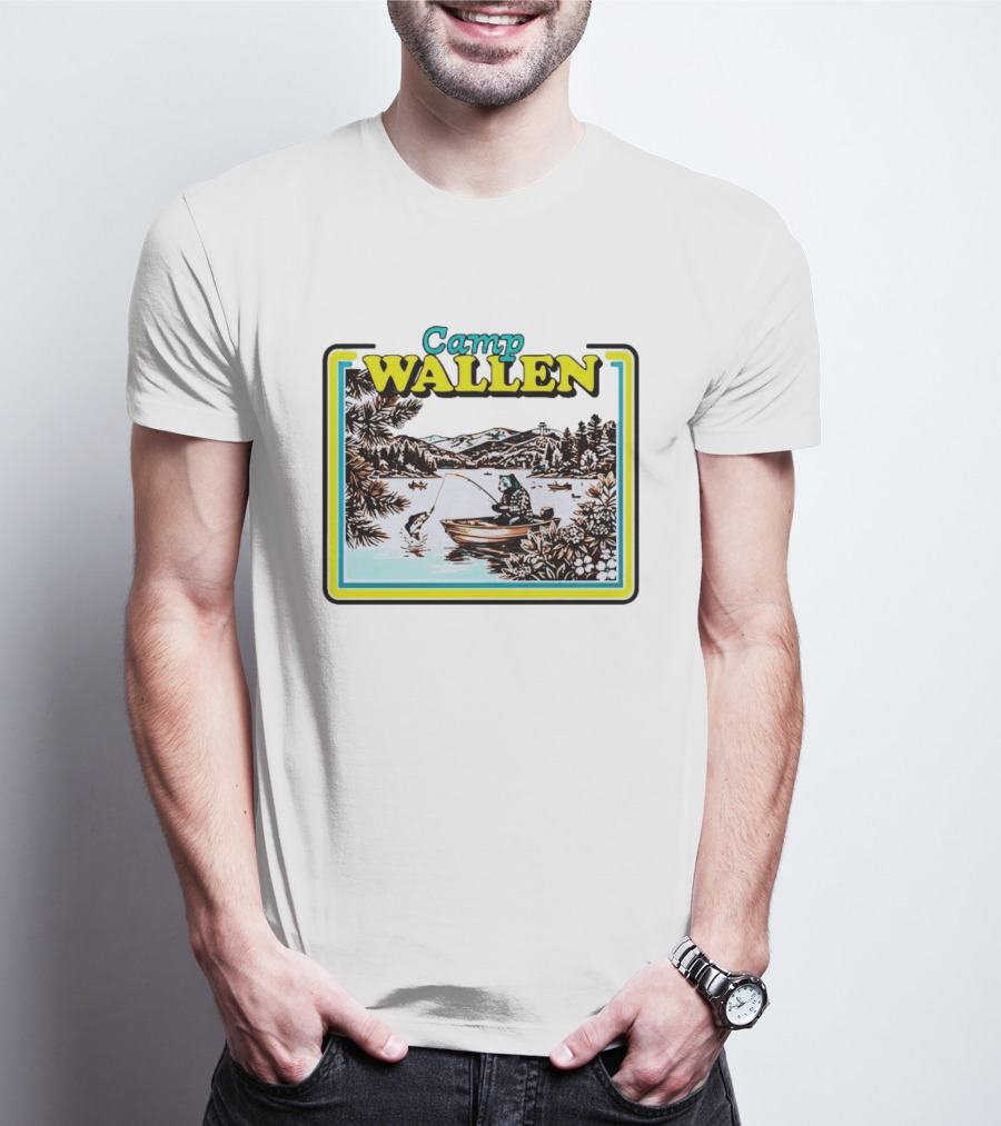 Camp Wallen Bear Fishing In Lake And Mountains Scene T-Shirt