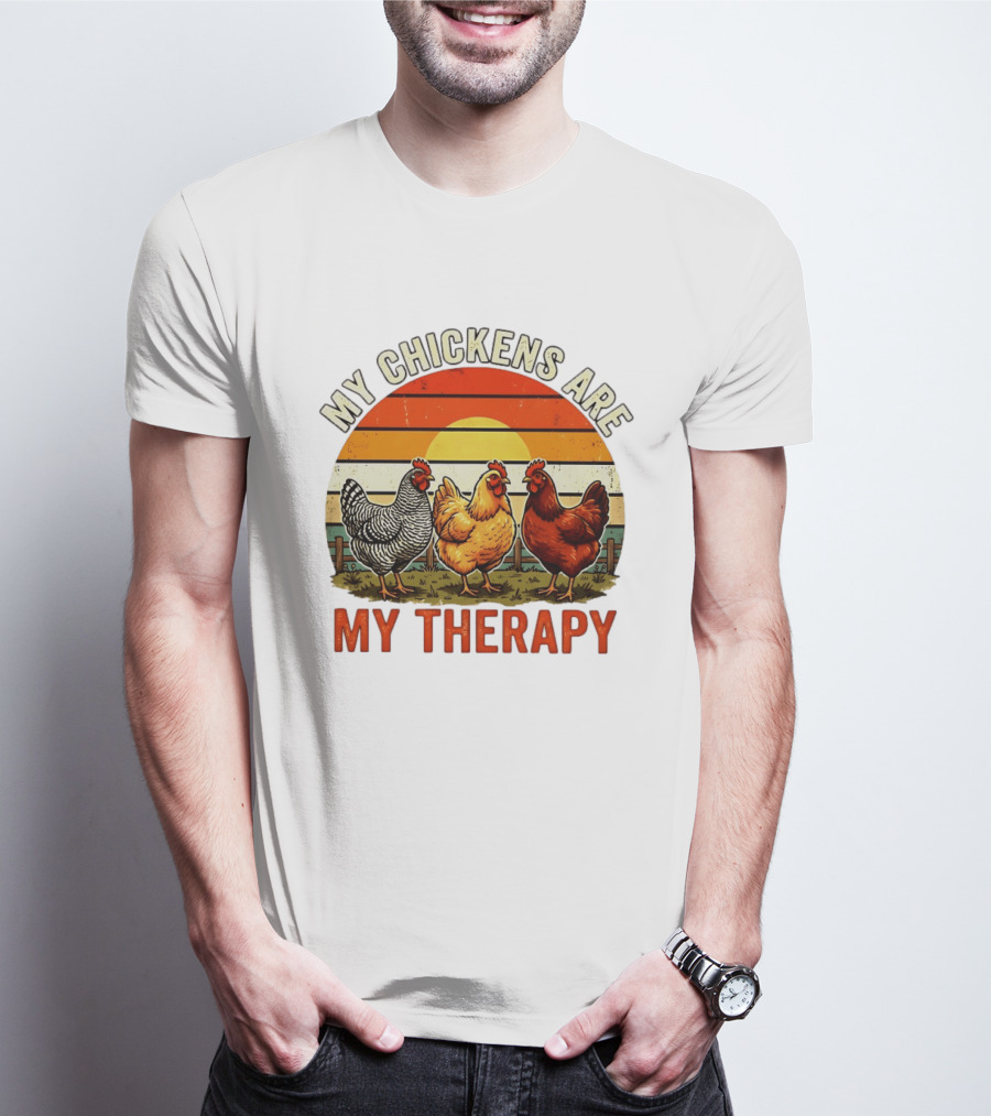 My Chickens Are My Therapy Three Hens Sunset T-Shirt
