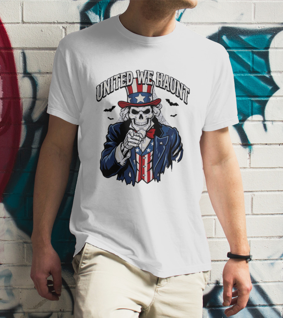 Uncle Sam Skeleton Pointing United We Haunt Halloween Bats T-Shirt