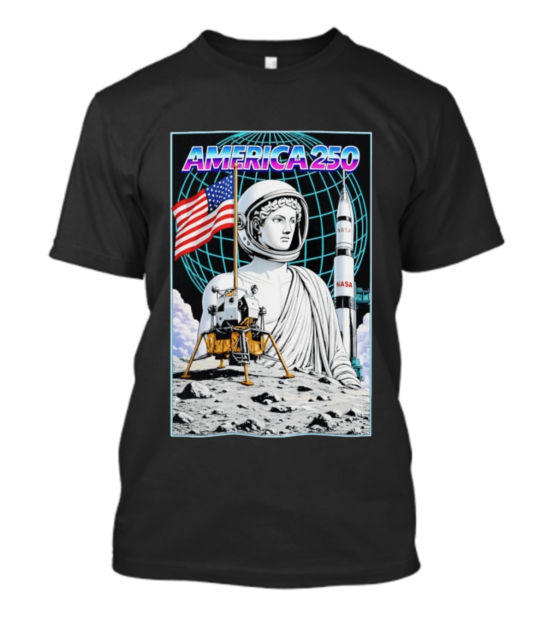 America 250 Apollo Space Rocket NASA Flag Astronaut Statue Moon T-Shirt