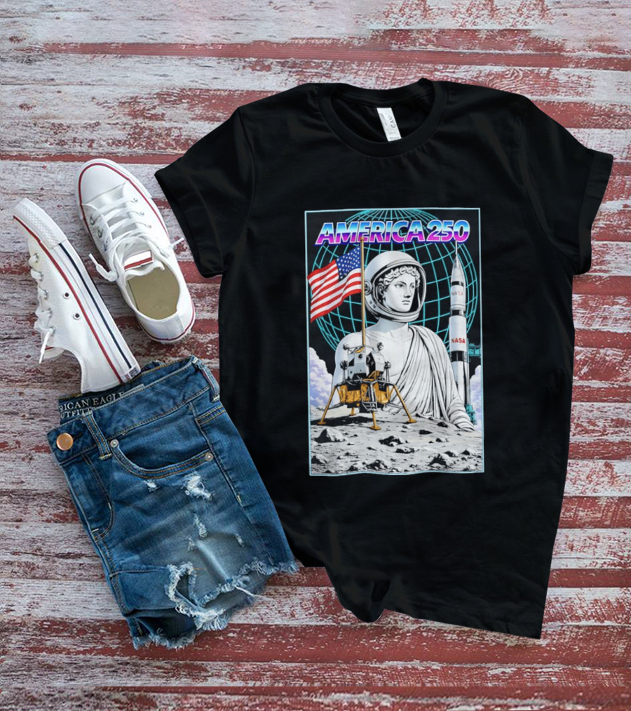 America 250 Apollo Space Rocket NASA Flag Astronaut Statue Moon T-Shirt