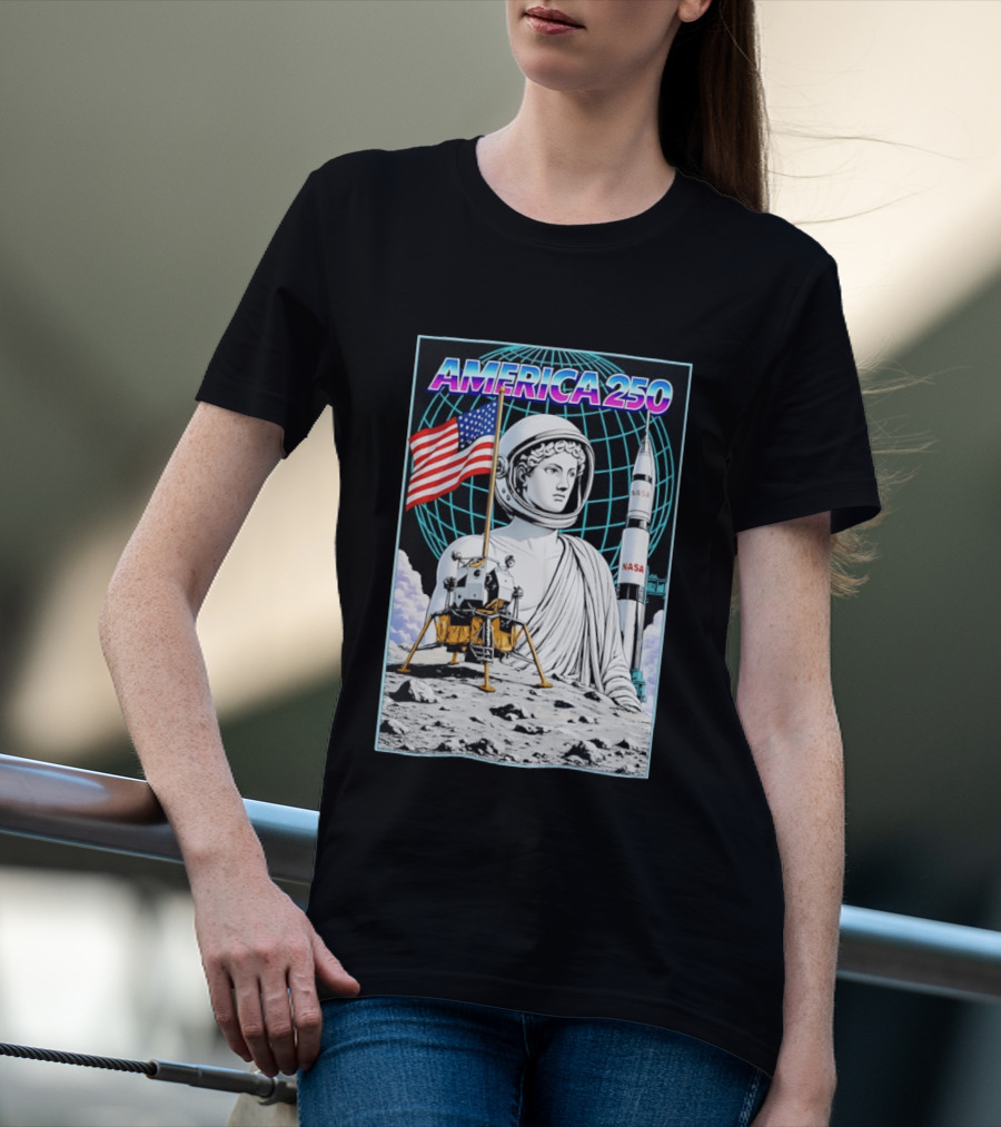 America 250 Apollo Space Rocket NASA Flag Astronaut Statue Moon T-Shirt