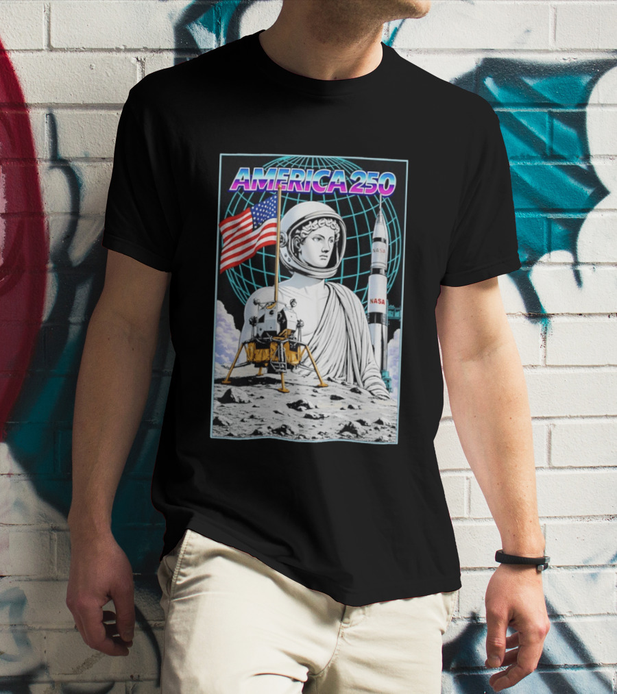 America 250 Apollo Space Rocket NASA Flag Astronaut Statue Moon T-Shirt