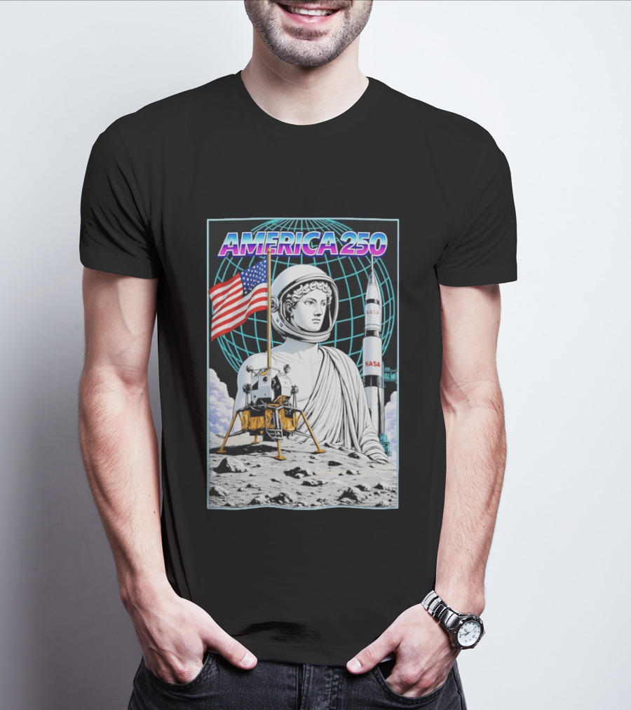 America 250 Apollo Space Rocket NASA Flag Astronaut Statue Moon T-Shirt