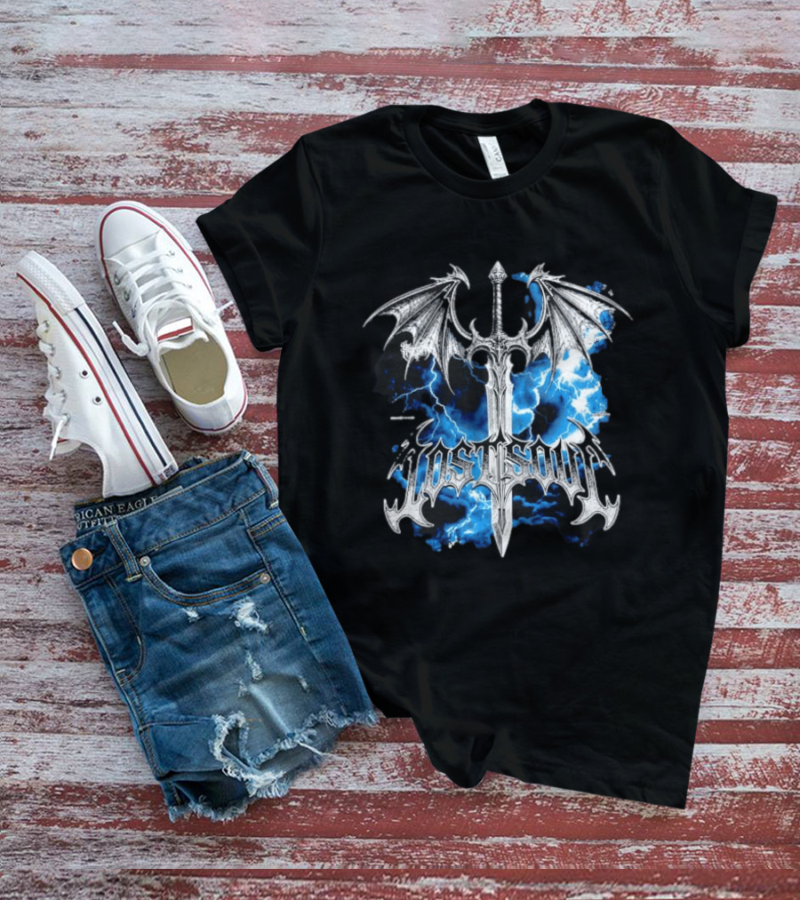 Lost Soul Gothic Sword With Wings And Blue Lightning T-Shirt