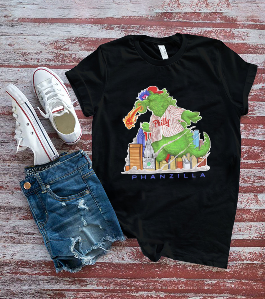 Phillie Phanatic Phanzilla Cityscape Fire Breathing Baseball T-Shirt