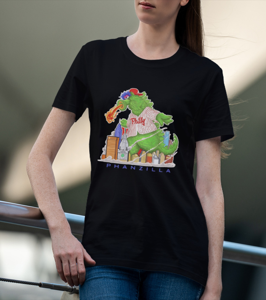 Phillie Phanatic Phanzilla Cityscape Fire Breathing Baseball T-Shirt