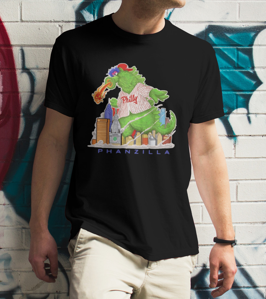Phillie Phanatic Phanzilla Cityscape Fire Breathing Baseball T-Shirt
