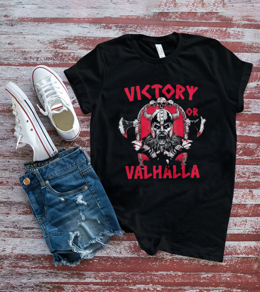 Victory Or Valhalla Viking Warrior Skull Axe Helmet Norse T-Shirt