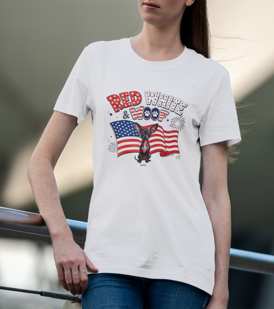 Chihuahua Red White And Woof US Flag Fireworks Celebration T-Shirt